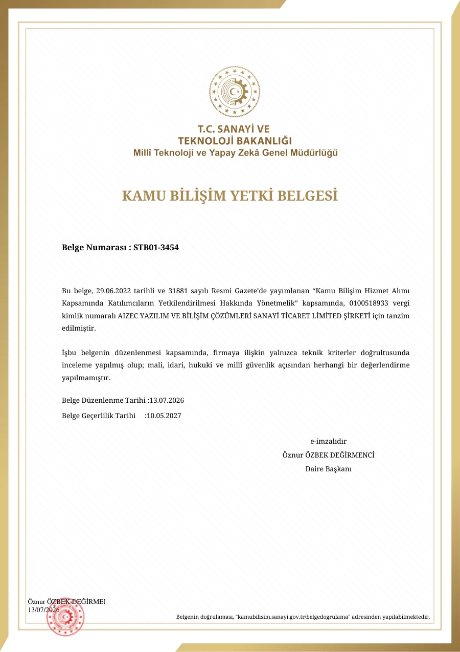 Kamu Bilişim Yetki Belgesi belgesinin ilk sayfası