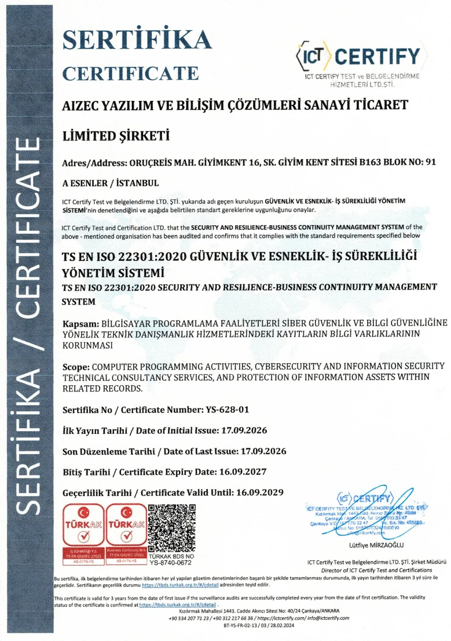 TS EN ISO 22301:2020 belgesinin ilk sayfası