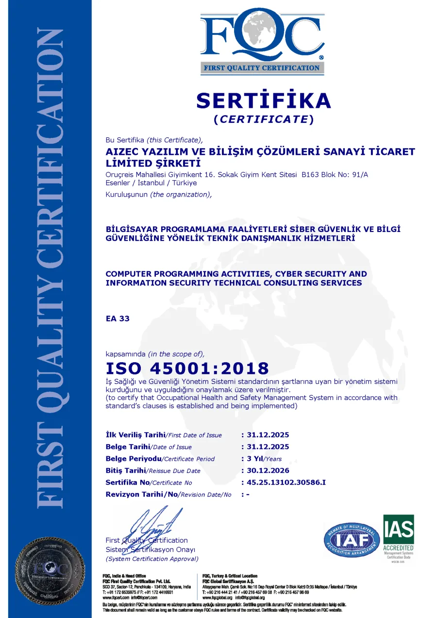 ISO 45001:2018 belgesinin ilk sayfası