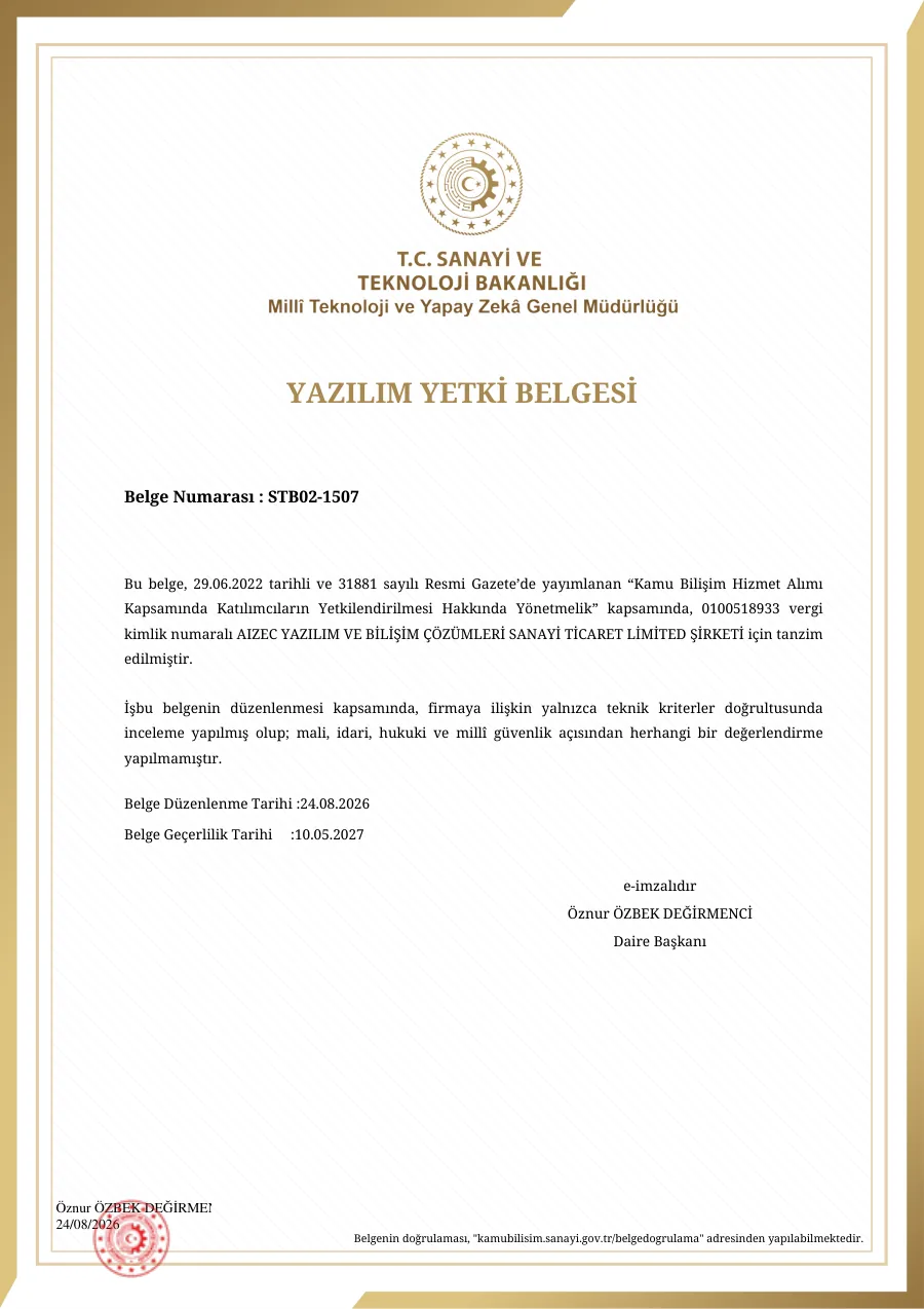 Yazılım Yetki Belgesi belgesinin ilk sayfası