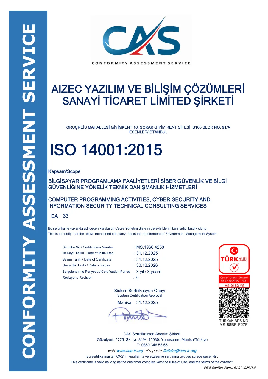 ISO 14001:2015 belgesinin ilk sayfası