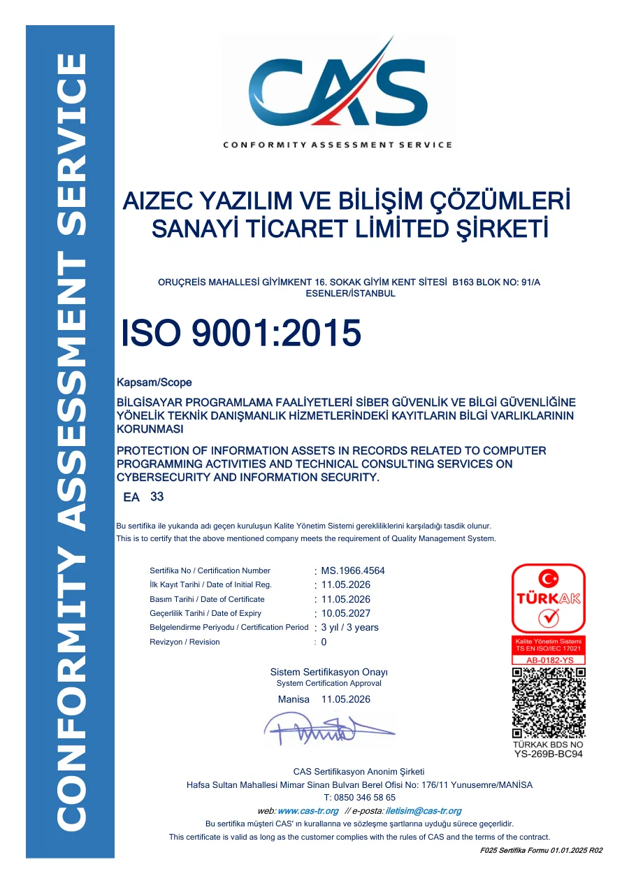 ISO 9001:2015 belgesinin ilk sayfası