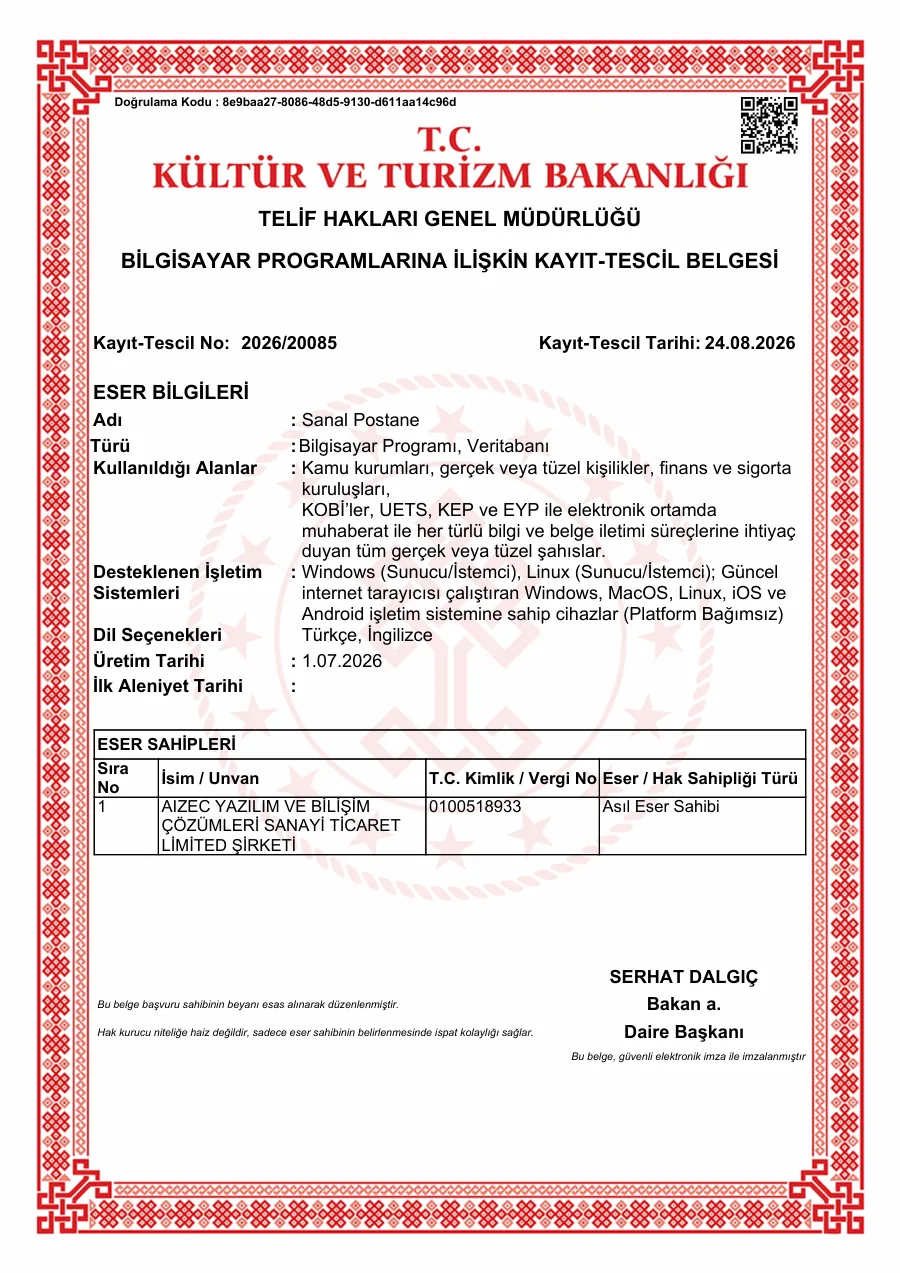 Sanal Postane – Telif Tescili belgesinin ilk sayfası