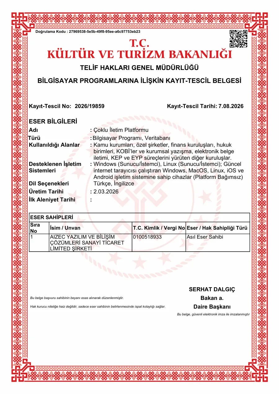 ÇİP – Telif Tescili belgesinin ilk sayfası